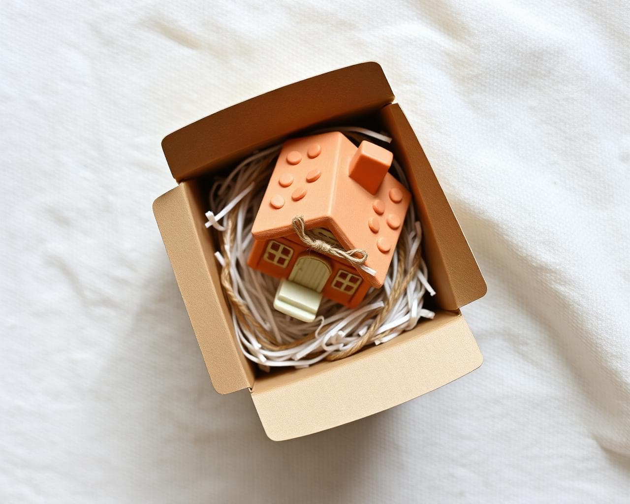 Tiny 3D-printed house tucked into a kraft gift box
