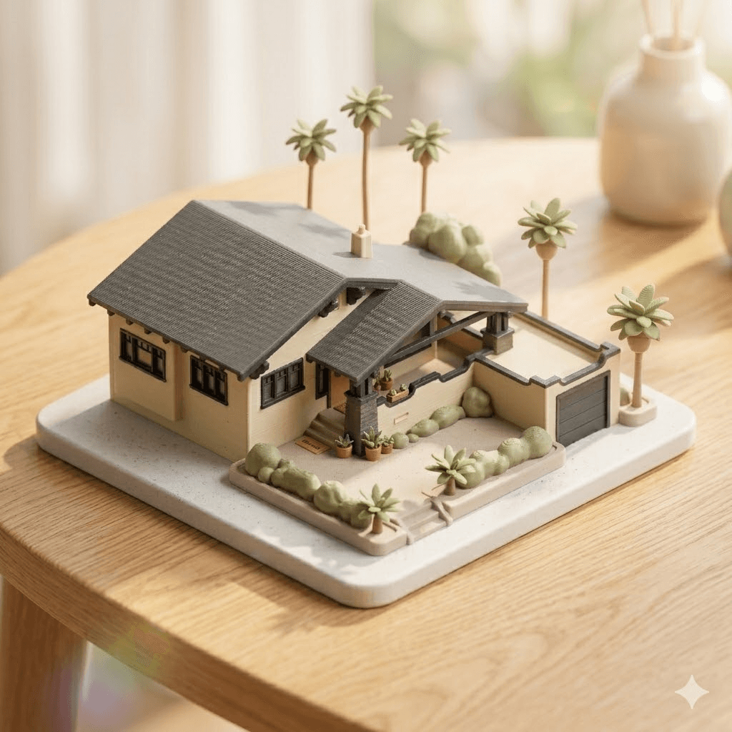 Full-color 3D-printed model of a tiny home on a wooden table